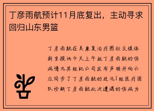 丁彦雨航预计11月底复出，主动寻求回归山东男篮
