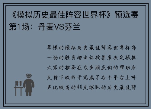 《模拟历史最佳阵容世界杯》预选赛第1场：丹麦VS芬兰